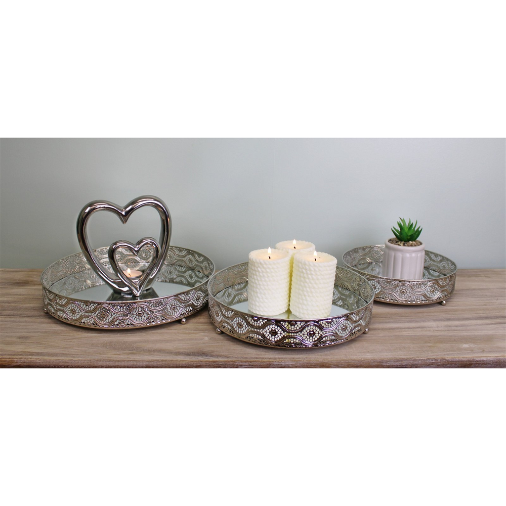 Set Of 3 Silver Metal and Mirrored Candle Plates